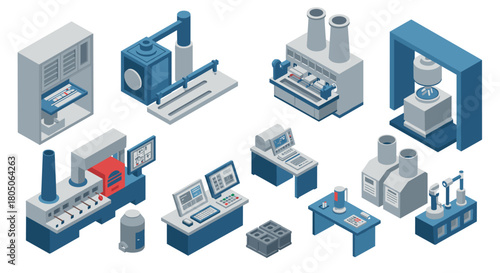 Isometric factory equipment and machines for modern industrial workflow