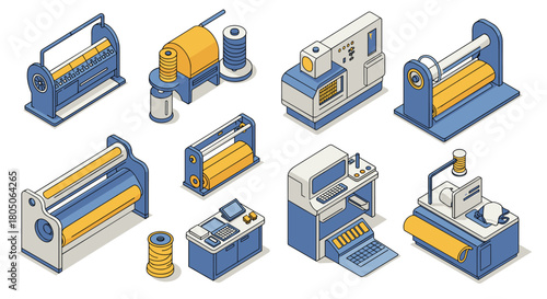 Industrial printing equipment set in isometric style featuring modern machines and tools for manufacturing