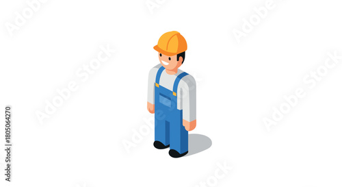 Isometric construction worker in hard hat and overalls on white background