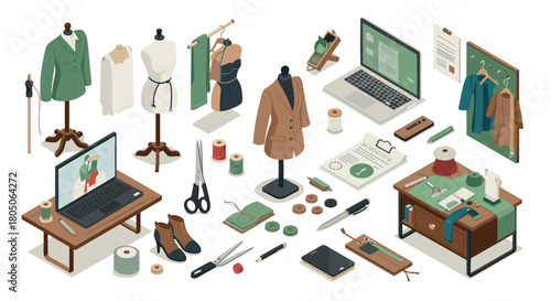 Tailoring workshop elements isometric set: sewing equipment, mannequins, and laptops