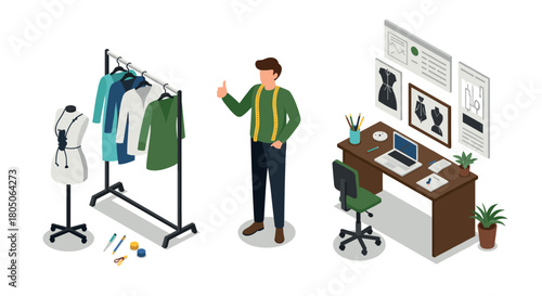 Fashion designer workspace isometric scene with man, desk, and clothing