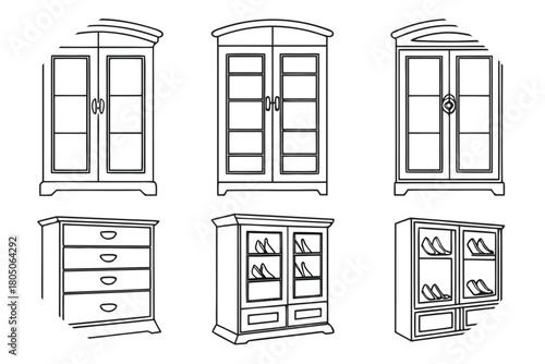 Furniture icons including display cabinets drawers and shoe storage units