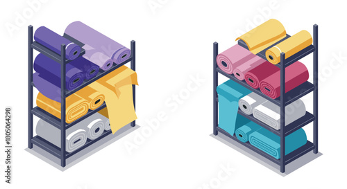 Colorful rolls of fabric on shelves for sewing and craft projects