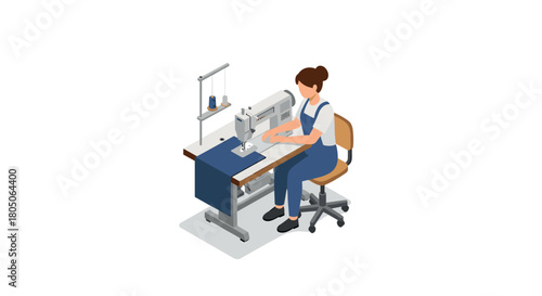 Isometric sewing workshop scene featuring seamstress at machine