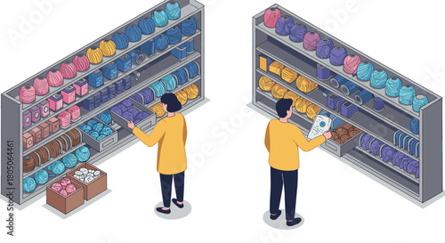 Isometric yarn shop interior with customers choosing colorful craft supplies