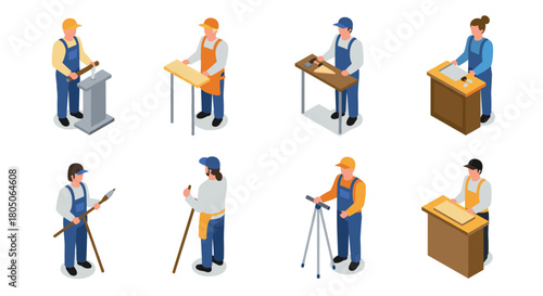 Isometric characters engaged in diverse trades and professions