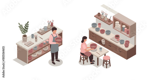 Isometric pottery class scene with crafting students and clay creations in minimalist style
