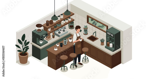 Cozy isometric coffee shop with barista making espresso in modern cafe interior