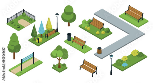 Urban park elements collection with benches and trees in isometric style