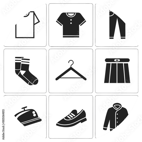 Grid Of Clothing And Accessory Icons Including T Shirt Pants Socks Hanger Skirt fashion apparel