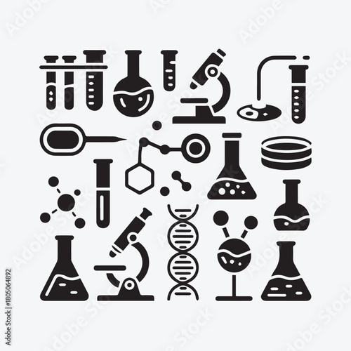 Clean Vector Icon Set Featuring Laboratory Equipment, Science, Chemistry, and Medical Research Black Glyph Symbols