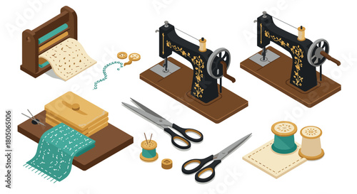 Vintage sewing tools and accessories in isometric style