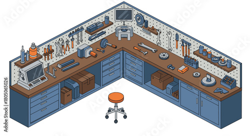 Isometric workshop scene with tools and equipment in l-shaped layout