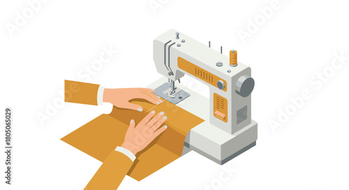 Isometric sewing machine with hands tailoring fabric for diy projects and crafts