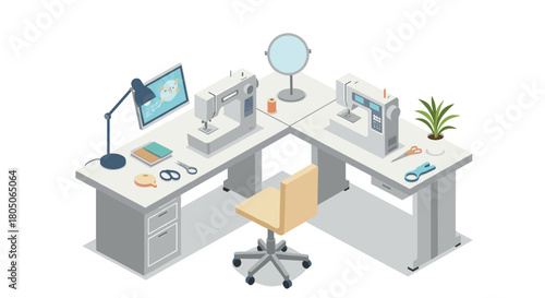 Modern sewing workspace with dual sewing machines and craft tools in isometric style