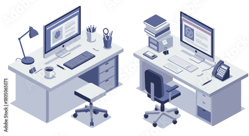 Modern isometric workspace design featuring dual computer desks and office accessories