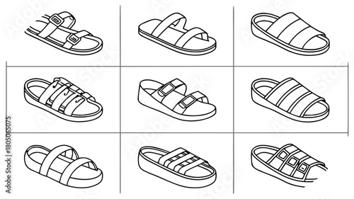 Grid Of Nine Isometric Outline Sandals In Black And White On White Background footwear shoes