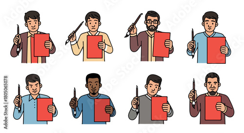People holding red cards with scissors, various ethnicities