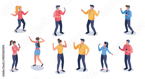 Diverse people dancing and listening to music in isometric style