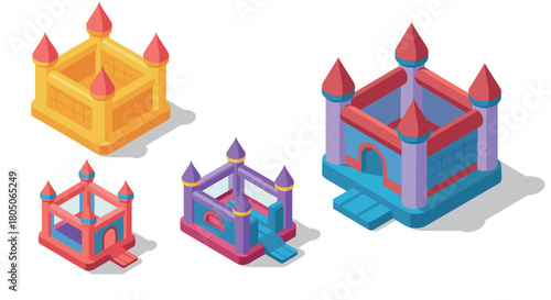Colorful isometric bouncy castles set with shadow effect in cartoon style