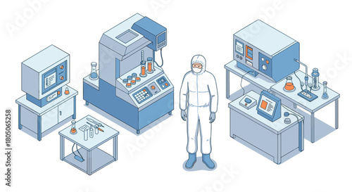 Isometric cleanroom laboratory with scientist and advanced equipment