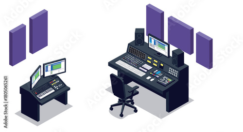 Modern isometric music production studio setup with monitors and acoustic panels