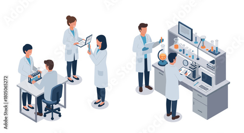 Scientists collaborating in modern laboratory setting with isometric design