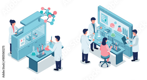 Isometric laboratory research: scientists in high-tech lab analyzing data and conducting experiments