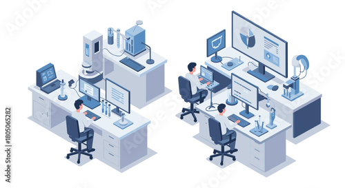 High-tech isometric laboratory with scientists working on computers and analyzing data