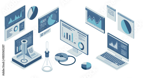 Isometric digital analytics and lab equipment with data visualization in blue
