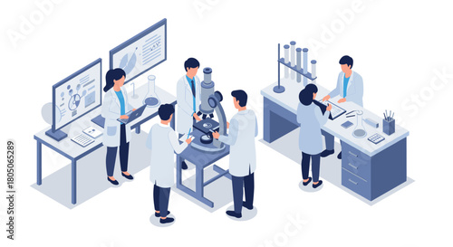Isometric laboratory scene with scientists conducting experiments and research