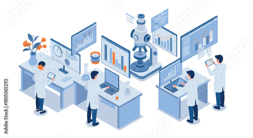 Isometric laboratory team analyzing data with advanced digital technology