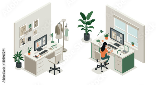 Isometric home office design with modern furniture and indoor plants