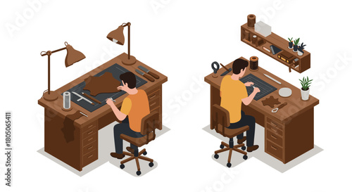 Isometric workshop with craftsman creating leather goods at wooden desk