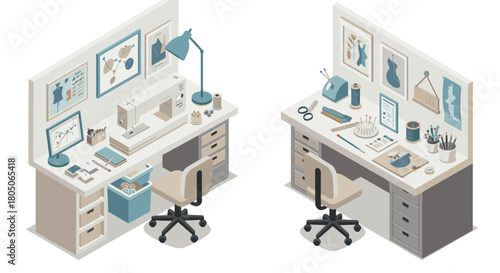 Isometric modern craft workspaces with sewing and art supplies in a stylish office setting