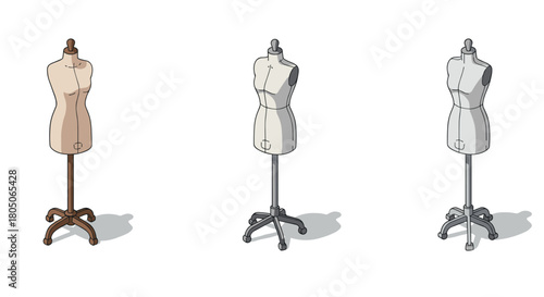 Isometric mannequin set featuring wooden, metal, and plastic styles for fashion design