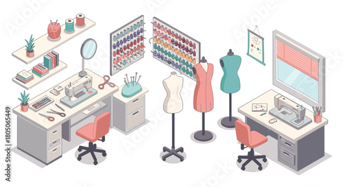 Sewing studio with mannequins and tools in isometric view