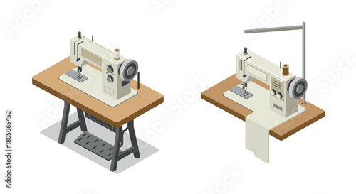 Isometric sewing machines on tables with threads and fabric rolls