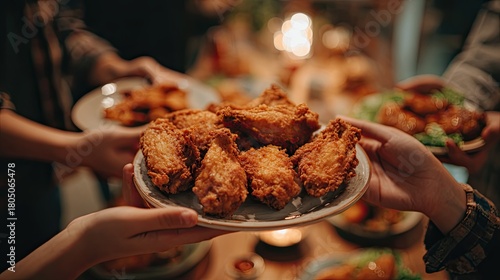 People hold fried chicken wings in their hands during dinner.
