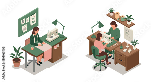 Isometric home sewing room with tailors working on sewing machines in cozy interiors