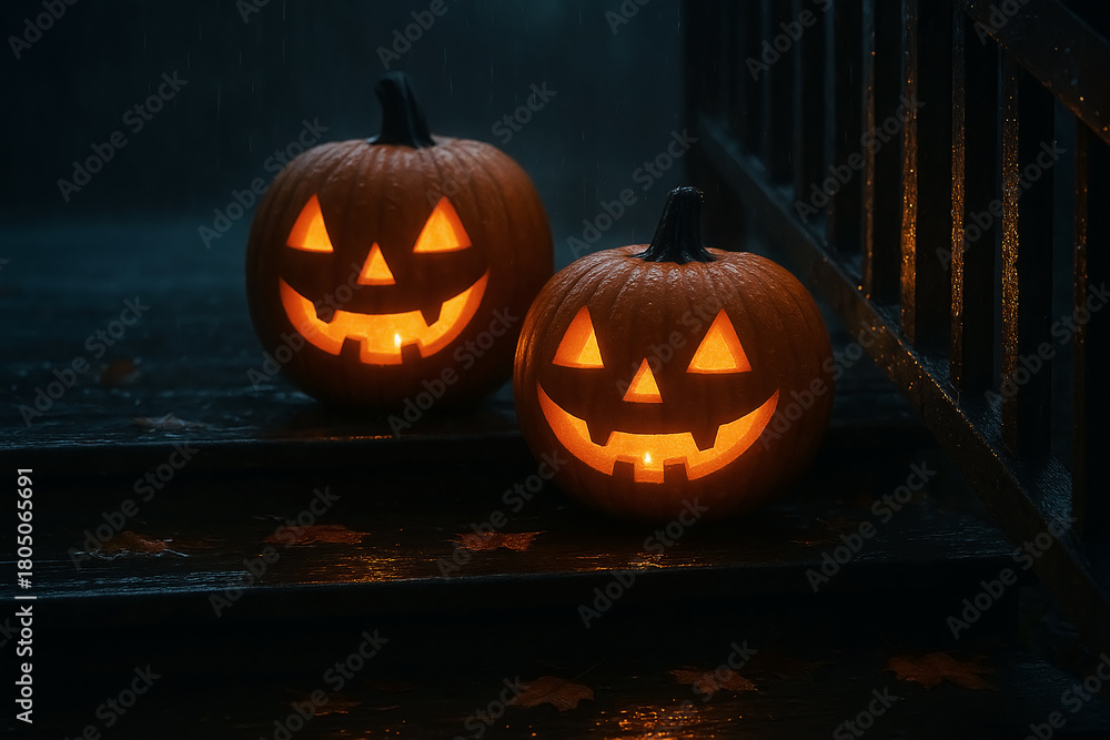 Obraz premium Two Jack-O'-Lanterns Welcoming Guests on a Wet Porch