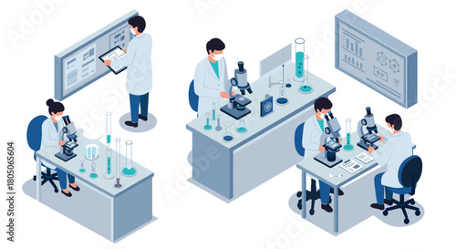 Isometric laboratory scene with scientists conducting experiments using microscopes and equipment
