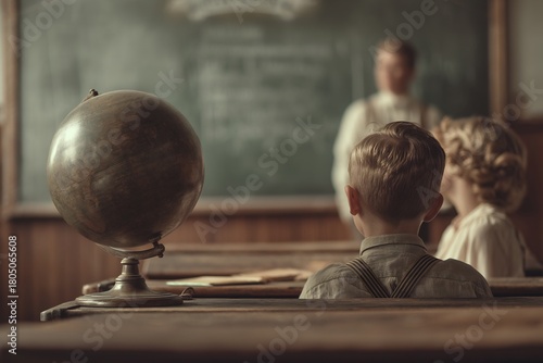 Vintage classroom scene with globe and students learning geography and history in old school setting