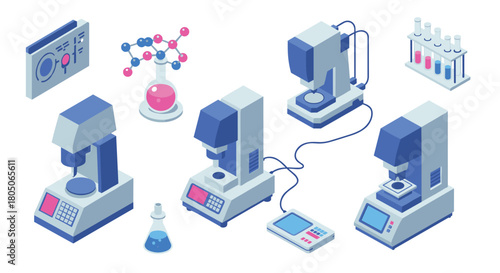 Isometric laboratory equipment in blue tones with molecular structures