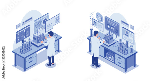 Isometric lab scenes: scientists analyzing data with digital technology in laboratory setting