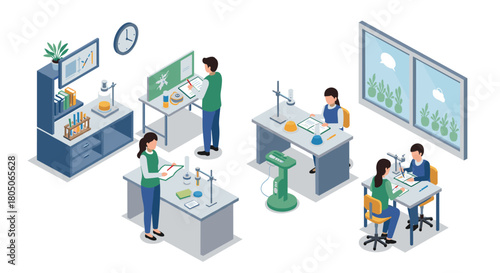 Isometric science classroom: students engaged in laboratory experiments and learning