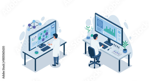 Scientists working in modern research lab analyzing data on digital screens with isometric design