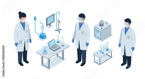 Isometric scientists in laboratory with equipment and technology
