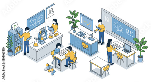 Isometric classroom education scene with students and teachers engaged in learning activities