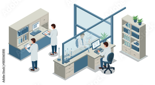 Isometric laboratory scene with scientists working in modern research environment
